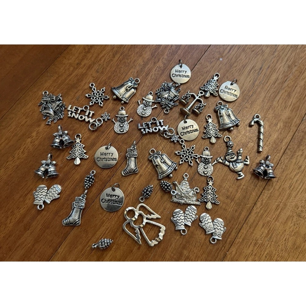 Christmas Winter Themed Silver Charm Lot 30+ Snowman Mittens Stocking Bells